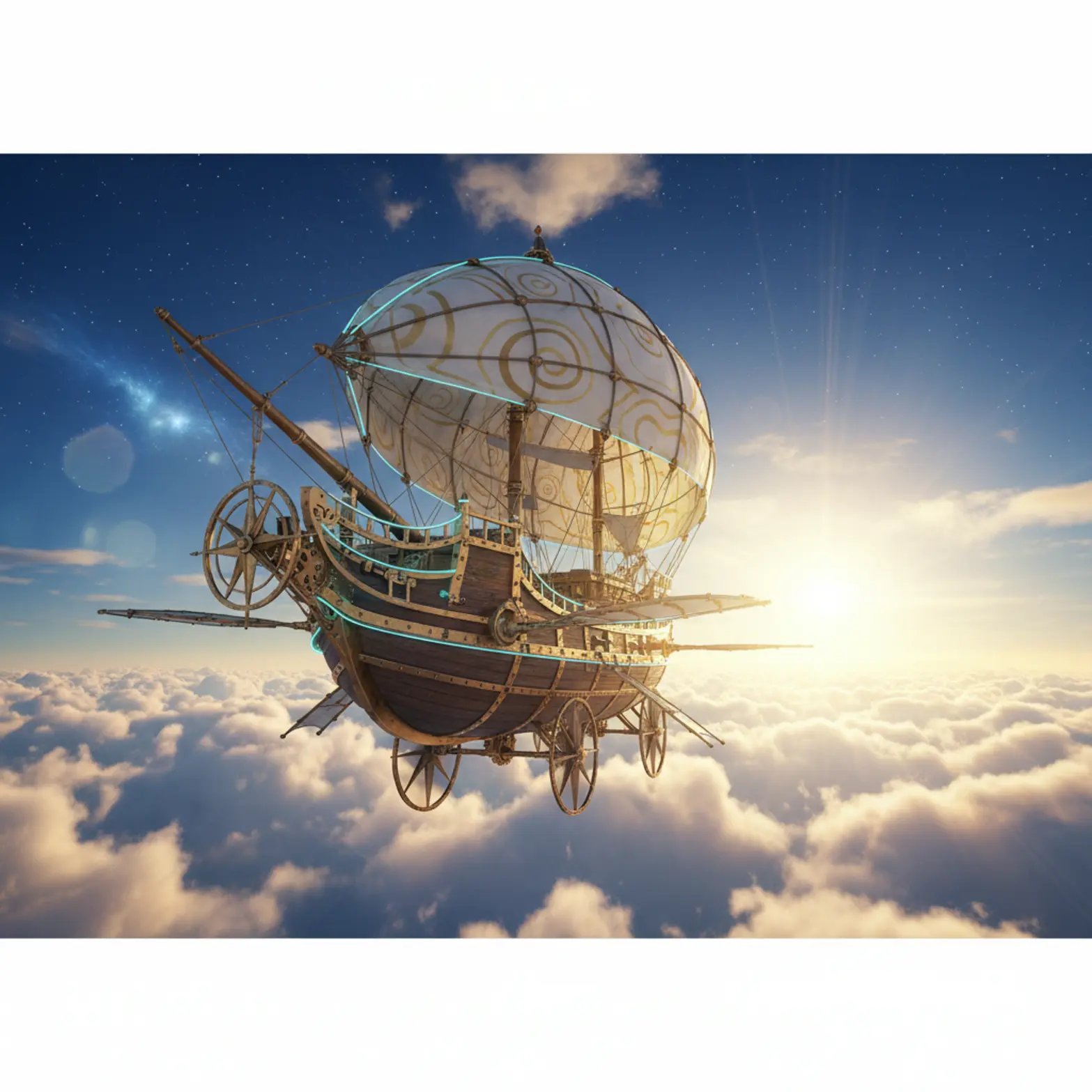 A majestic galleon airship flying through golden clouds